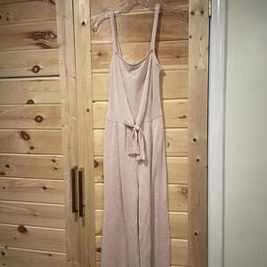 Women's pink and white striped Ribbed Jumpsuit with Tie Waist
